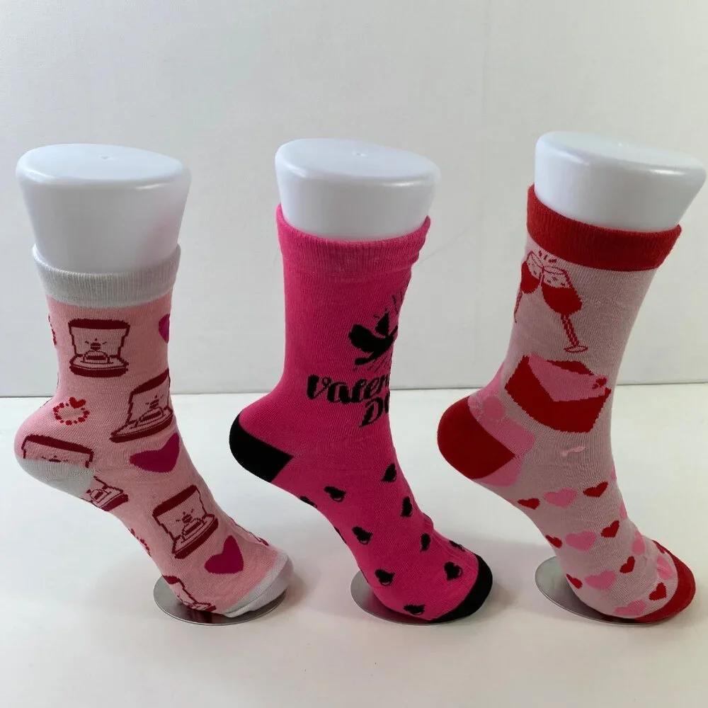 Valentine’s Day Themed Socks 3-Pack Women’s Crew Styles Fun Pink Heart Prints